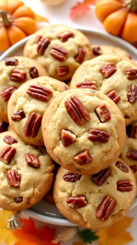 A plate of soft maple pecan cookies with crunchy pecans, surrounded by fall decorations.